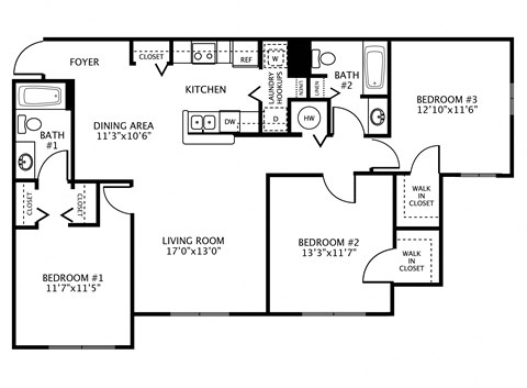Floor plan for 3 beds, 2 baths, 1240 sqft